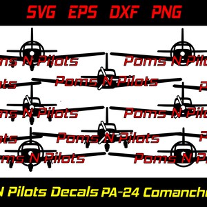 May include: A set of eight black and white decals of a Piper PA-24 Comanche airplane. The decals feature the text "Poms N Pilots" in red.