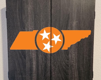 Officially Licensed University of Tennessee Volunteers - Dart Board Cabinet Grey Wood Finish