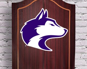 Officially Licensed University of Washington Dart Board Cabinet and Board – Walnut Finish Game Room Decor