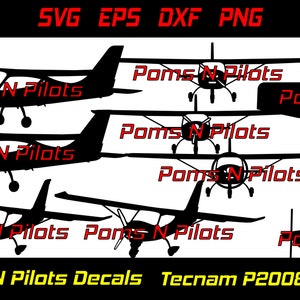 Op de afbeelding: Een set van zes zwarte silhouet-stickers van een Tecnam P2008 vliegtuig. De stickers zijn gelabeld met "Poms N Pilots" en zijn beschikbaar in de formaten SVG, EPS, DXF en PNG.