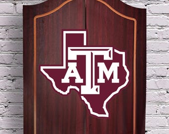 Officially Licensed Texas A&M Aggies Dartboard Cabinet – Walnut Finish Game Room Decor
