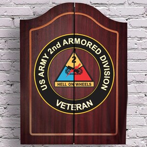 May include: A dark wood cabinet with two doors featuring a circular emblem of the US Army 2nd Armored Division. The emblem includes a triangle with the number 2, a tank track, a lightning bolt, and the text HELL ON WHEELS and VETERAN.