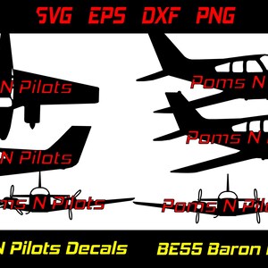May include: A set of five black and white silhouette decals of a Beechcraft Baron 55 airplane. The decals are labeled "Poms N Pilots" and are available in SVG, EPS, DXF, and PNG formats.