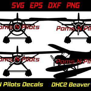 May include: Four black and white silhouette images of a DHC-2 Beaver aircraft. The images show the plane from different angles. The text "Poms N Pilots Decals" and "DHC2 Beaver Bundle" is at the bottom of the image.