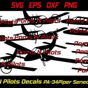 Może przedstawiać: Czarno-biała sylwetka samolotu Piper Seneca PA-34. Obraz jest cyfrowym pobraniem do naklejki lub naklejki. Tekst "Poms N Pilots Decals PA-34Piper Seneca Bundle" znajduje się na dole obrazu.