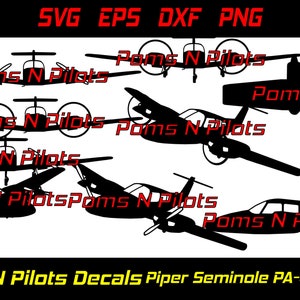 Może przedstawiać: Zestaw czarno-białych naklejek w kształcie sylwetki samolotu Piper Seminole PA-44. Naklejki są przeznaczone do użytku na pojeździe lub innej powierzchni. Tekst "Poms N Pilots" jest umieszczony na naklejkach.