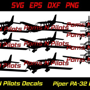 May include: A set of five black silhouette decals of a Piper PA-32 aircraft. The decals are designed for use on a variety of surfaces, including cars, laptops, and windows. The decals are available in a variety of sizes and are easy to apply. The text "Poms N Pilots Decals" and "Piper PA-32 Bundle" is included in the image.