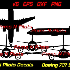 May include: A set of five black silhouette decals of Boeing 737 airplanes. The decals are arranged in a staggered pattern with the text "Poms N Pilots Decals" and "Boeing 737 Bundle" at the bottom of the image.