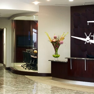 以下が含まれることがあります： 受付カウンターと壁に白いシルエットの小型飛行機が描かれた、モダンなオフィスロビー。オフィスはダークウッドのパネリングと、ロビーと会議室を隔てるガラスの壁がある。