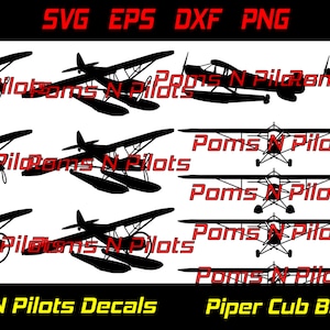 Puede incluir: Un conjunto de ocho calcomanías en silueta negra y blanca de un avión Piper Cub. Las calcomanías se venden como un paquete y están disponibles en los formatos SVG, EPS, DXF y PNG. El texto "Poms N Pilots Decals" y "Piper Cub Bundle" está incluido en la imagen.