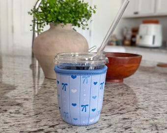 Hand Drawn Blue Bow Iced Coffee Cozy | Neoprene Cup Holder Sleeve
