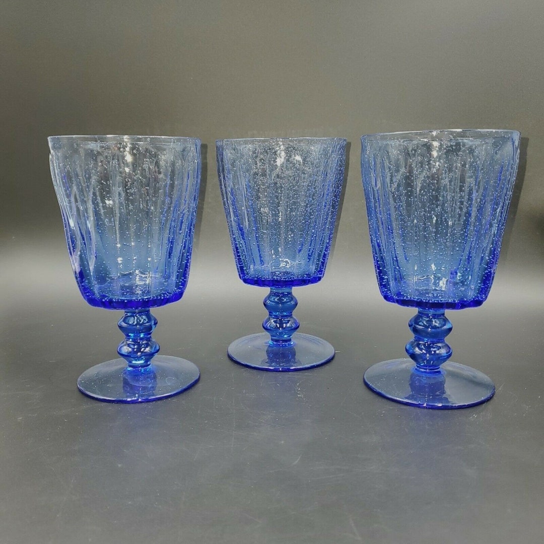Seeded Bubble Glass Goblets Hand Blown Cobalt Blue Vintage Etsy