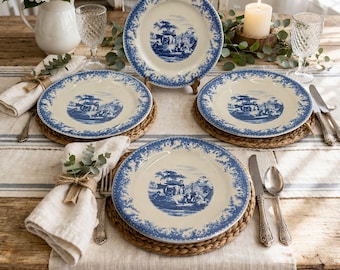 Johnson Brothers blauwe transferware dinerborden Ironstone pastorale scène set 4