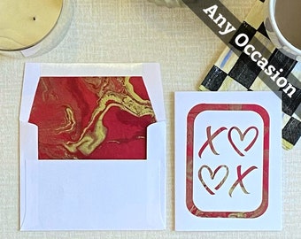 XOXO hearts vertical handmade paper cut greeting card, marbled paper, various colors, love, valentine's day, celebration, thank you