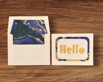 HELLO handmade paper cut greeting card, marbled paper, various colors, any occasion, reaching out, keep in touch, pen pals