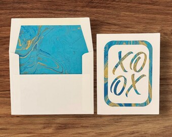 XOXO vertical handmade paper cut greeting card, marbled paper, various colors, love, valentine's day, celebration, thank you, anniversary