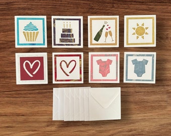 Set of 8 Mini Cards, variety pack of handmade paper cut Note Card, Love Note, Enclosure Card, Blank Note Card
