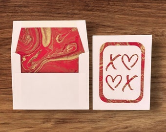 XOXO hearts vertical handmade paper cut greeting card, marbled paper, various colors, love, valentine's day, celebration, thank you