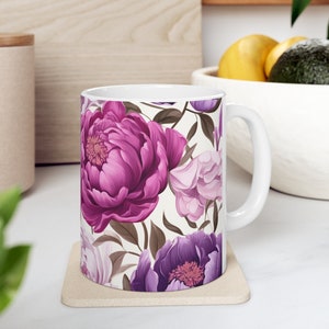 Gift For Her | Floral Coffee Mug | Handmade Gifts | Pressed Flowers Mug | Ceramic Mug | Peony Mug | Peony Bouquet | Peony Print image 3