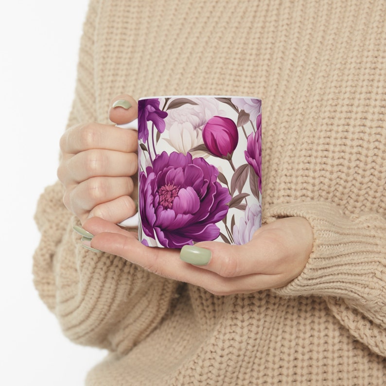 Gift For Her | Floral Coffee Mug | Handmade Gifts | Pressed Flowers Mug | Ceramic Mug | Peony Mug | Peony Bouquet | Peony Print image 1