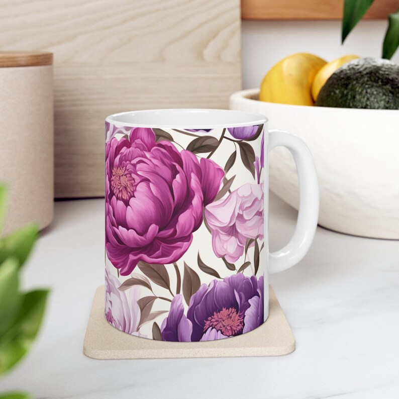 Gift For Her | Floral Coffee Mug | Handmade Gifts | Pressed Flowers Mug | Ceramic Mug | Peony Mug | Peony Bouquet | Peony Print image 3