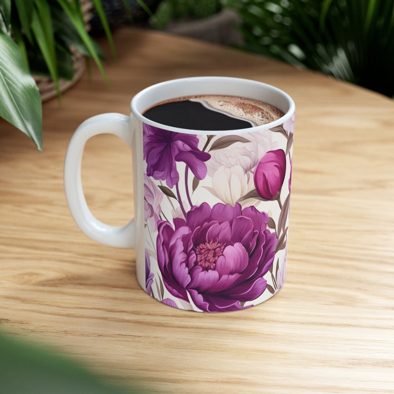 Gift For Her | Floral Coffee Mug | Handmade Gifts | Pressed Flowers Mug | Ceramic Mug | Peony Mug | Peony Bouquet | Peony Print image 2
