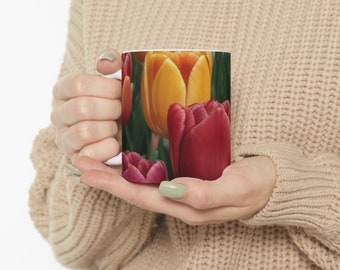Floral coffee mug, ceramic coffee mug, 11 oz with tulips, mothers day gift, housewarming gift, gift for her, gift for gardener, gift for mom