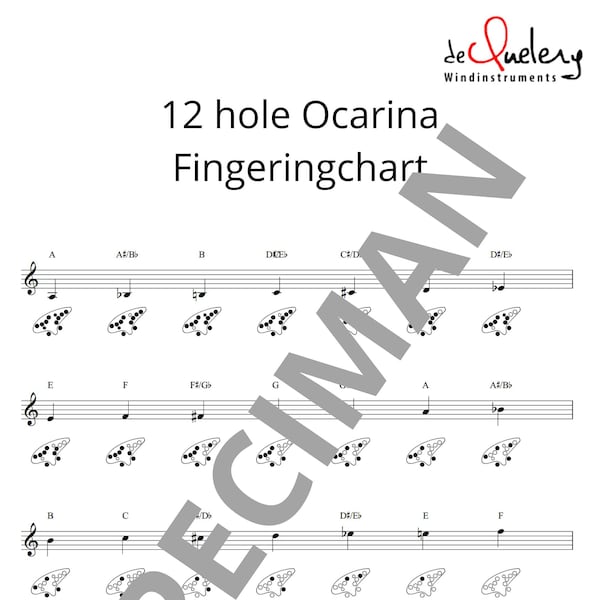 Ocarina, complete Fingeringchart 12 hole instrument, PDF file Digitial Download For lessons learning to play ocarina