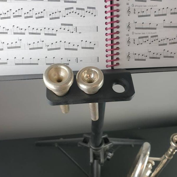 Trumpet mouthpiece holder for musicstand, holds mouthpieces for flugel horn cornet trumpet