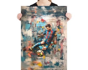 May include: Abstract painting of a soccer player in a blue and red jersey with the text "Qatar Airways" on the front. The player is kicking a soccer ball and is surrounded by colorful paint splatters.