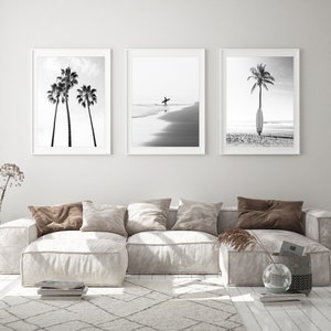 Beach Surf Gallery Wall Set, Sand, Palms, Black and White Set of Three Prints, Digital Download, Beach Wall Art, Surfboard, Palm tree print