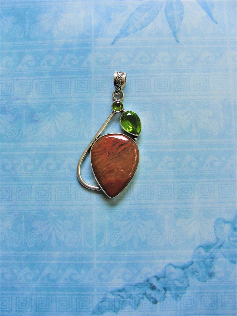 Red Jasper .925 Sterling Silver Pendant Accented with Two Peridot