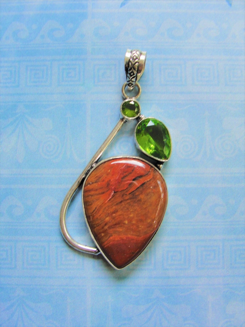 Red Jasper .925 Sterling Silver Pendant Accented with Two Peridot