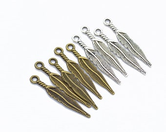 250pcs 28x5mm argent/Antique Bronze Antique plume Charms pendentif collier plume, mignon, fournitures de bricolage, bijoux, fabrication de composantes, D423