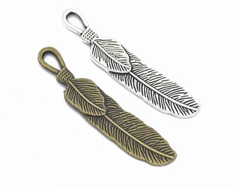 20pcs 57x11mm argent/Antique Bronze Antique plume Charms pendentif collier plume, mignon, fournitures de bricolage, bijoux, fabrication de composantes, D308