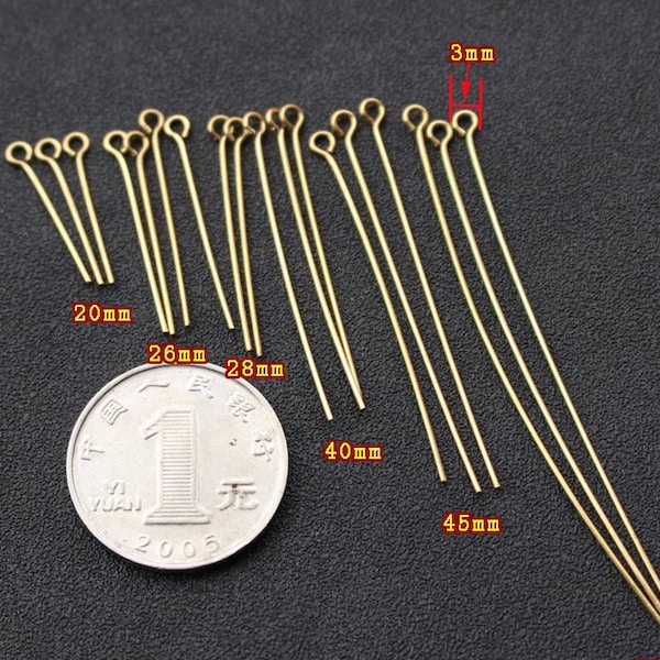 500 Pcs Raw Brass 21 Gauge Eyepins 16mm 20mm 24mm 28mm 30mm 35mm 40mm 45mm 50mm 60mm 70mm 80mm Screw Ball Pins for Beading Pendant Bail,H107