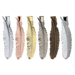 20pcs Brass Alligator Hair Clips W/ 12x52mm Filigree Feather,Brass Jewelry Vintage Hairpins,Metal Plated Hair Accessories-6 Colors available