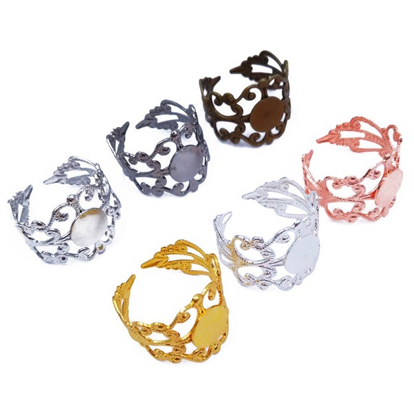 20pcs Brass Ring Blank avec anneau floral en filigrane réglable w / réglage de base / 8mm Round Pad Base Setting DIY Bijoux Résultats 04925