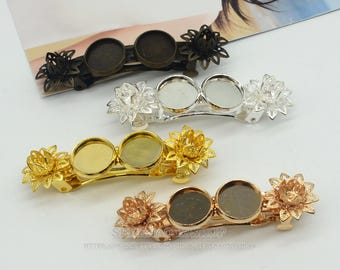 Brass Hair Barrette: 10pcs Antique Style Filigree Clip, 12mm Blank Hairclip barrettes with 2 Bezels, Barrette Setting, F06897