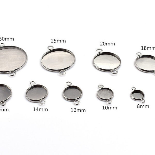 40pcs 8mm- 25mm Stainless Steel Round Pendant Blanks Bezel Cups,Glass Cabochon Setting ,Two Closed Rings Pendant Base Trays,Bezel Cup,U47-53