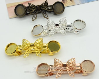 Brass Hair Barrette: 10pcs Antique Style Filigree Clip, 12mm Blank Hairclip barrettes with 2 Bezels, Barrette Setting, F06898