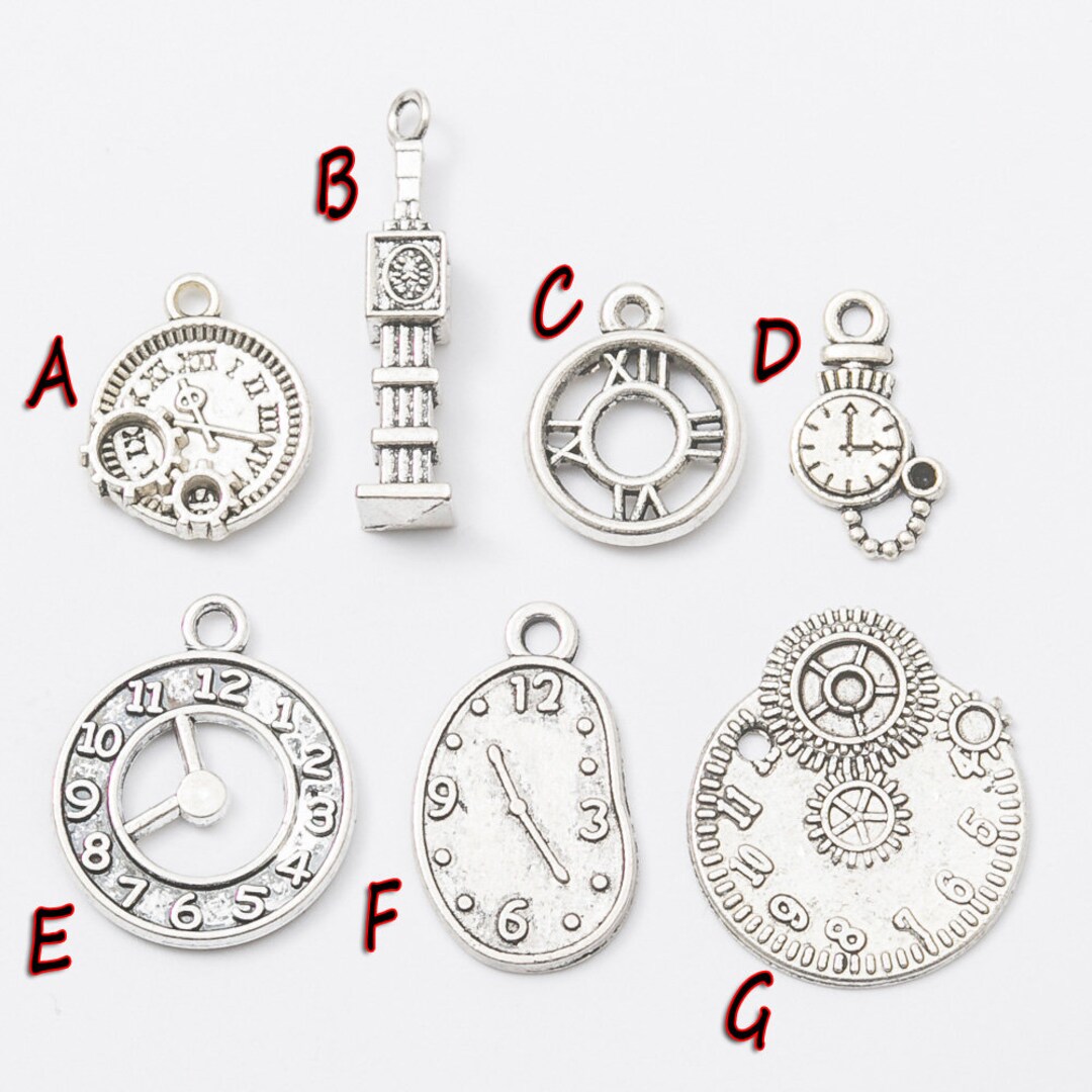 15pcs Clock Charms Pendant, Antique Silver Ornament Accessories Jewelry