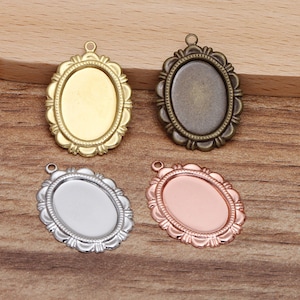 50pcs Brass Bezel Pendant Blanks Silver, Gold, KC Gold, Rose Gold Plated Cameo Settings, 13x18mm Oval Cabochon Pendant Base trays, 05344