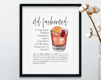 Bourbon Old Fashioned Digital Print Instant Download Printable Watercolor Bar Kitchen Decor Bar Bartender Gift Wedding Decor Groomsman