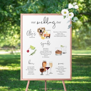 Custom Wedding Bar Sign with Pet & Drinks Digital Print, Signature Cocktail Sign, Wedding Decor, Watercolor, Made to Order, Dog Pet Portrait