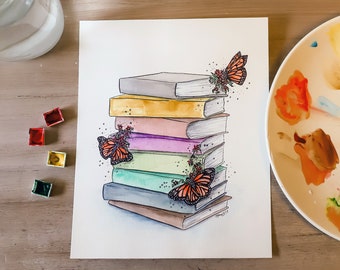 Stack of Books Original Watercolor Reproduction Print, Book Lovers Wall Art Nursery Decor Baby Boy or Girl Child Playroom 8"x10"