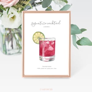Custom Signature Drinks Digital Print, Signature Cocktail Sign, Wedding Decor, Printable, Watercolor Cocktails, Made to Order image 1