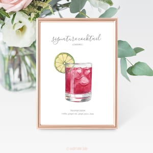 Aangepaste signature-drankjes digitale print, signatuurcocktailbord, bruiloftdecor, afdrukbaar, aquarelcocktails, op bestelling gemaakt