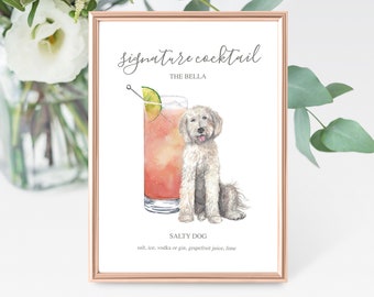 Custom Signature Pet & Drinks Digital Print, Signature Cocktail Sign, Wedding Decor, Watercolor Cocktails, Made to Order, Dog Pet Portrait