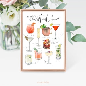 Digital Custom Bar Sign, Drinks Digital Print, Signature Cocktail Sign, Wedding Decor, Printable, Watercolor Cocktails, Made to Order, House